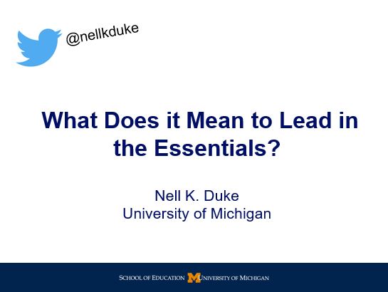 Image of Dr. Duke's presentation entitled "What Does It Mean to Lead in the Essentials?"